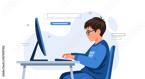 Young Person Concentrates On Digital Screen While Using Computer To Input Data Carefully
