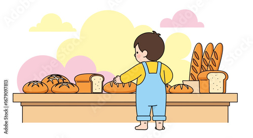 Young Child Touching Bread: A Colorful Illustration Of Various Baked Goods