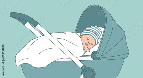 Young Child Sleeping Peacefully in a Stroller, Adorable Infant Peacefully Napping