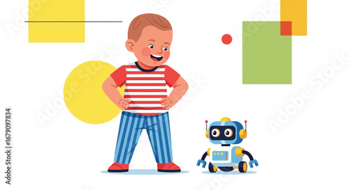 Young Child With Small Robot Facing Each Other, Joyful Smiling Expression and Happiness Visible