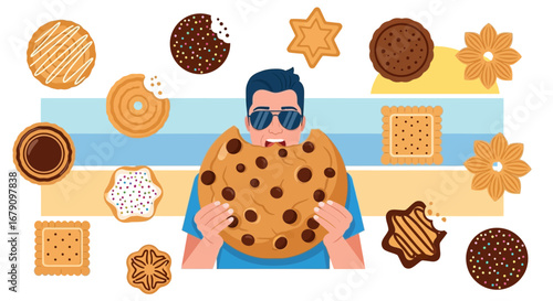 Young Person Consuming Large Cookie Surrounded By Assorted Yummy Baked Treats