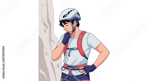 Young Climber Pondering Ascent, Considering the Next Climb on the Mountain