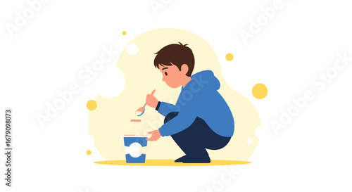 Young Person Eating, Colorful, Design, Illustration, Food, Lunchtime, Nutrition