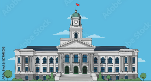 Stylized vector illustration of a stately government building with a clock tower and flag against a blue sky background
