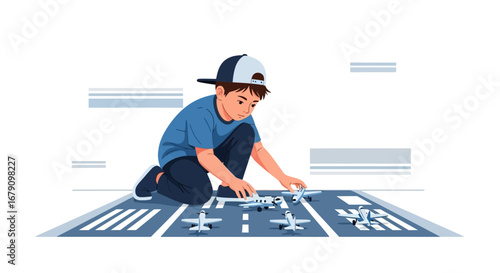 Young Enthusiast Enjoys Playing With Toy Airplanes On Imaginary Runway, A Happy Day