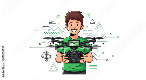 Young Enthusiast Holds Modern Drone, Exploring Technological Innovations, Ready for Flight