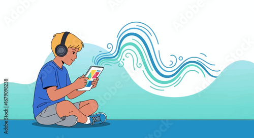 Young Person Engrossed In Tablet, Listening To Music With Flowing Abstract Energy.