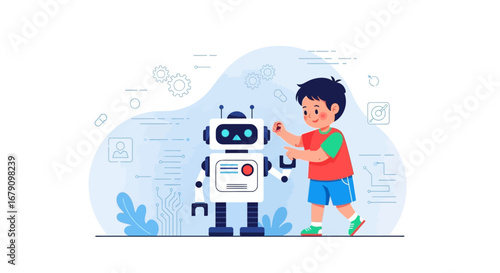 Young Engineer Interacting with Robotic Companion for Future Technological Development