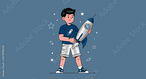 Young Enthusiastic Boy Holding a Rocket Ship Ready For Space Exploration Flight