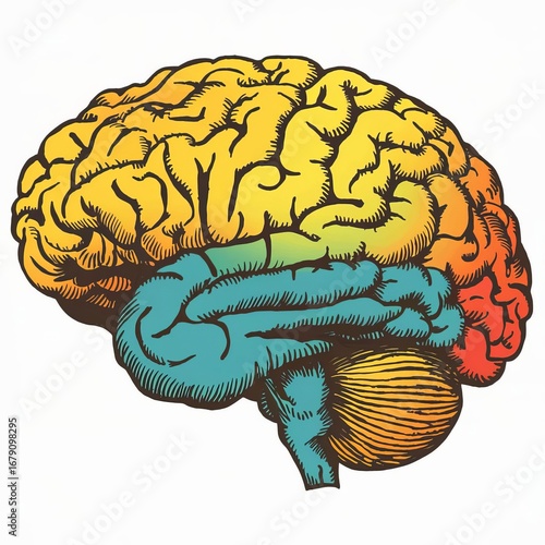 Human brain with multicolored areas, side view. Illustration in retro minimalism style.