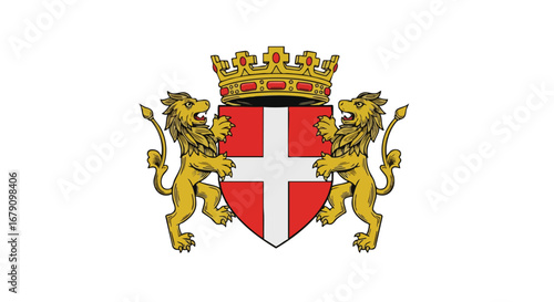 Heraldic Coat of Arms Depicting Lions Supporting Shield with Cross and Crown with Detailed Design Elements
