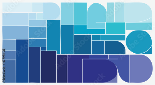 Abstract geometric collage featuring shades of blue with varied shapes in an arranged composition