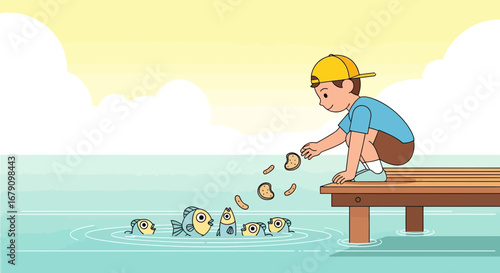 Young Person Enjoying Feeding Fish From a Wooden Dock During a Sunny Day
