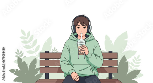 Young Person Enjoying Iced Coffee While Listening To Music and Relaxing On the Bench