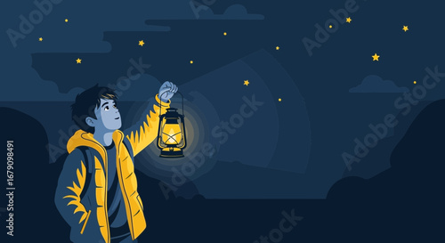 Young Explorer Gazes At The Night Sky While Holding A Lantern, Illuminated Illustration