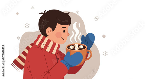 Young Person Enjoying Hot Chocolate Amidst Winter Snowflakes in Hand Drawn Illustration