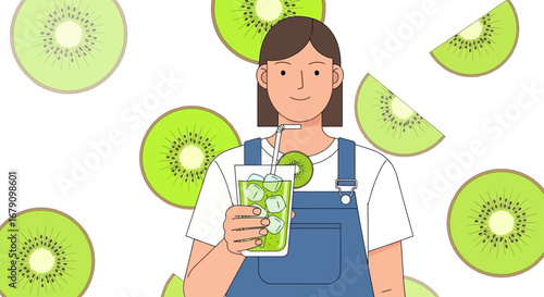 Young Person Enjoying Refreshing Kiwi Drink with Fresh Fruit Background and Summer Concept
