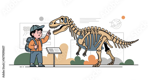 Young Explorer Investigating A Prehistoric Dinosaur Skeleton Display At A Museum Exhibition