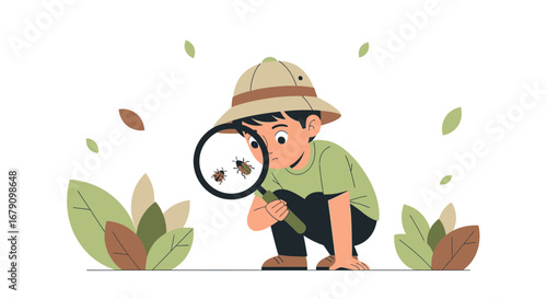 Young Explorer is Observing Insects with a Magnifying Glass in the Garden