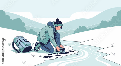 Young Explorer Kneeling By Stream Cleaning Boots After Winter Hiking Adventure