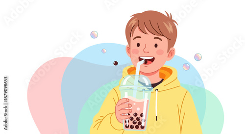 Young Person Enjoys Drink Cartoonish Illustration With Bubbles Fun Fashionable Appearance