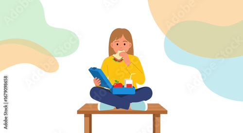 Young Person Enjoys Lunchtime Break While Seated On A Wooden Bench In A Colorful Setting