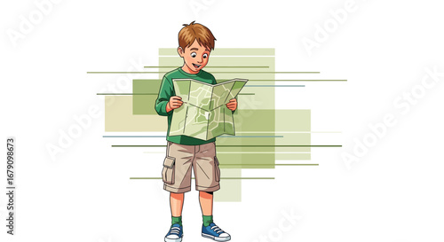 Young Explorer Joyfully Examining A Map To Discover New Places And Adventures