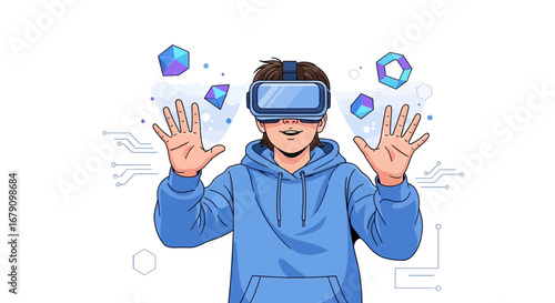 Young Person Experiencing Virtual Reality With Hands Up Interacting With Digital Elements