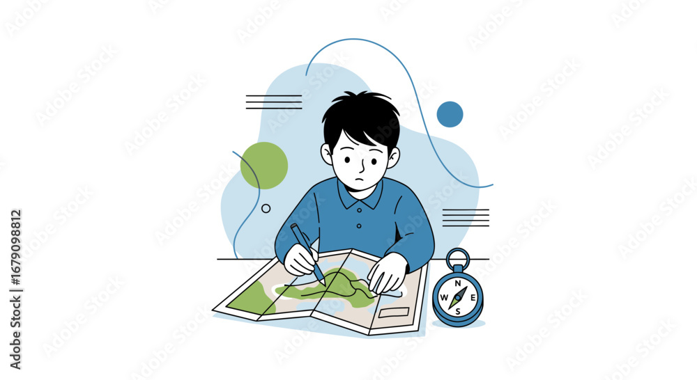 Naklejka premium Young Explorer Plotting Route On a Map With Compass and Focused Determination