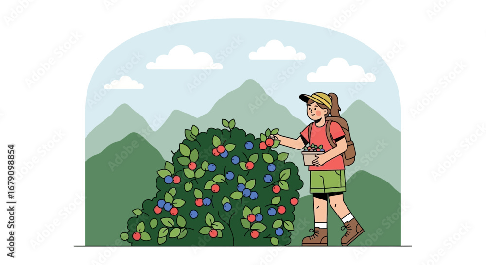 Fototapeta premium Young Person Harvesting Berries In Nature During Sunny Sky Day And Green Mountain View