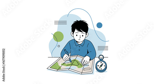 Young Explorer Plotting Route On a Map With Compass and Focused Determination