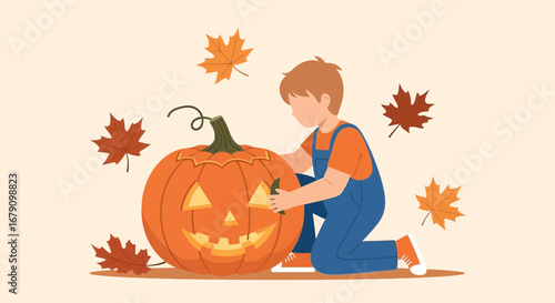 Young Person Happily Carving a Halloween Pumpkin with Autumnal Leaves Floating Around