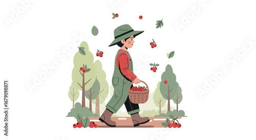 Young Person Harvesting Cherries in a Beautiful Orchard Amidst Trees and Falling Leaves