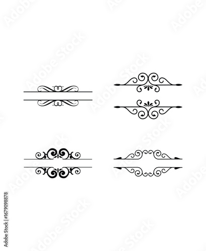 Set of four intricate black calligraphic decorative dividers with ornate central details on an isolated white background, elegant heading accents
