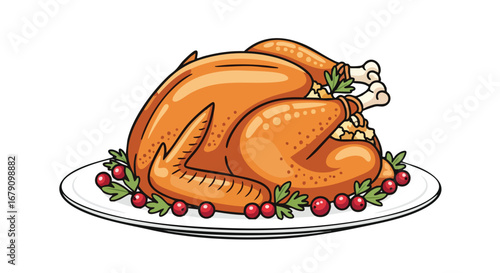 Festive roasted turkey with berry garnish, illustration of celebration feast, perfect for seasonal card design, banner or holiday promotion