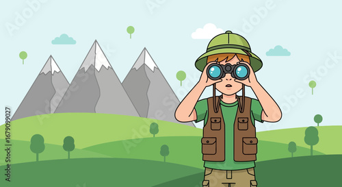 Young Explorer Uses Binoculars To Discover Majestic Mountain View From Lush Green Hills