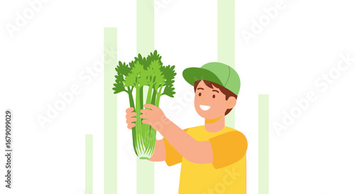 Young Person Holding Fresh Celery, Green Cap and Yellow Shirt, Healthy Food Concept