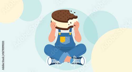 Young Person Holding Huge Ice Cream Sandwich While Crossing Legs And Wearing Dungarees