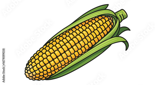 Vibrant corn on the cob illustration showcasing fresh, ripe kernels with green husk against a clean white backdrop, evoking summery vibes