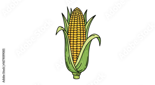 Vibrant depiction of a ripe corn ear, showcased with stylized green husks and golden kernels, evokes an inviting harvest season mood