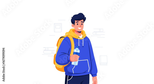 Young Person Holding Water Bottle and Backpack Smiling With Modern Graphic Style