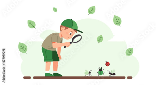 Young Explorer Using Magnifying Glass To Observe Insect Life In Nature