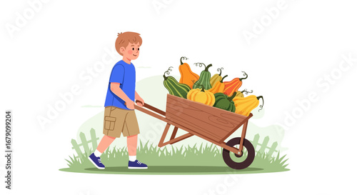 Young Farmhand Transports a Wheelbarrow Filled With Harvested Squash Vegetables