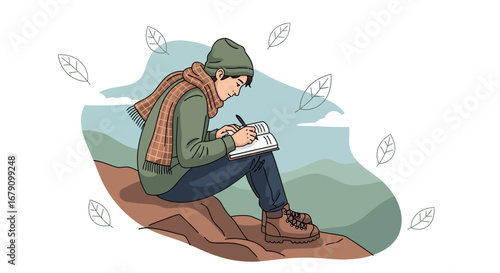 Young Person Journaling Outdoors Absorbed In Thought During An Autumn Landscape