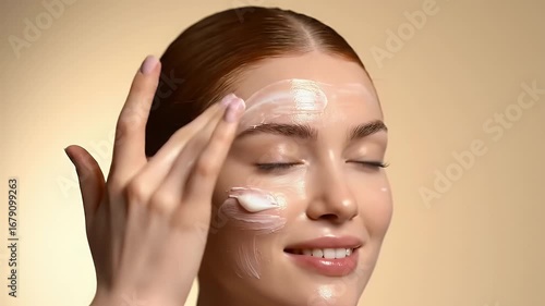 Young Woman with Red Hair Gently Applying Facial Cream for Radiant Skin in a Beauty Close Up Setting Perfect for Skincare Product Promotion on Beige Background and Shiny Lighting