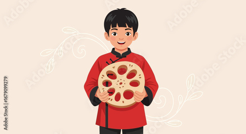 Young Person Joyfully Embraces Chinese Culinary Culture With A Lotus Root Emblem