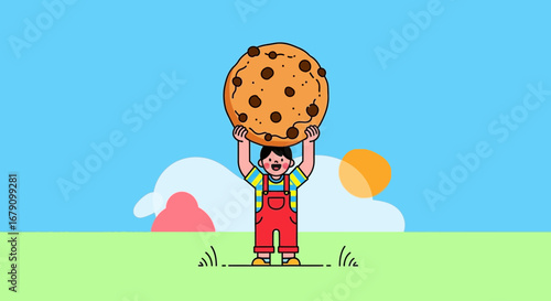 Young Person Joyfully Displays A Gigantic Chocolate Chip Cookie In A Playful Scene