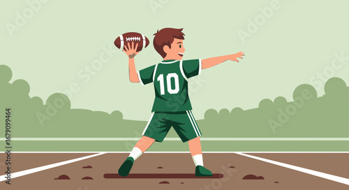 Young Football Player Preparing To Throw The Ball On A Sport Field