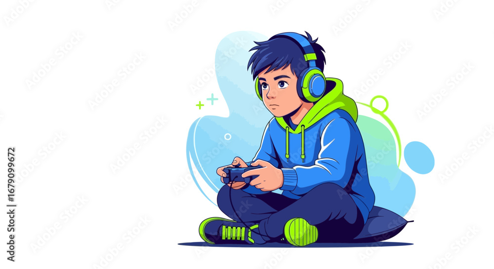Fototapeta premium Young Gamer Immersed In Gaming, Enjoying The Virtual World With Headphones On And Controller