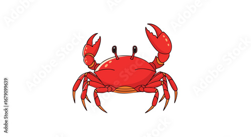 Cartoon depiction of a vivid red crab, its claws raised in a cheerful display, isolated against a pristine white backdrop, radiating simplicity